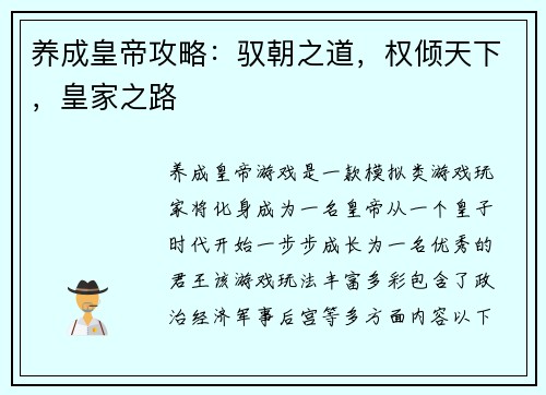 养成皇帝攻略：驭朝之道，权倾天下，皇家之路